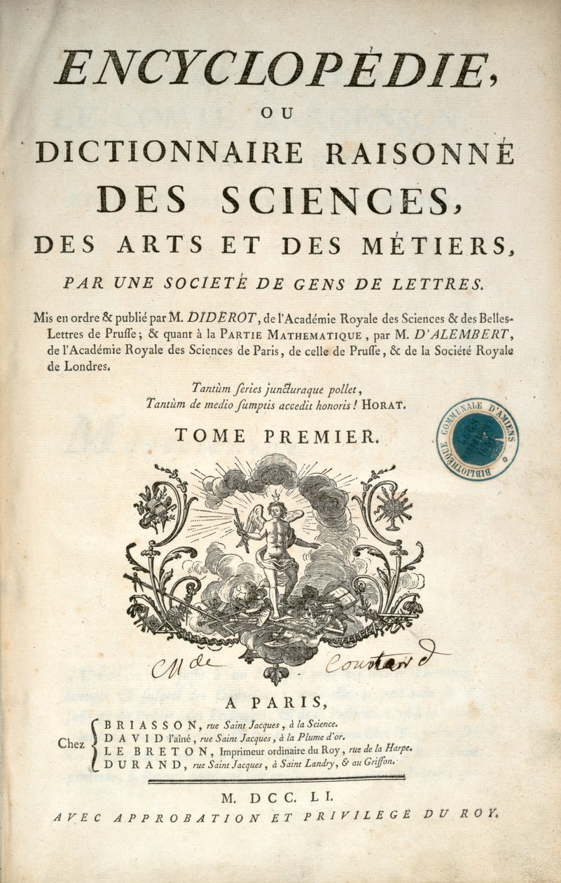 Denis Diderot和Jean le Rond dAlembert，1751年的第一卷百科全书的标题页 作者 法语学校