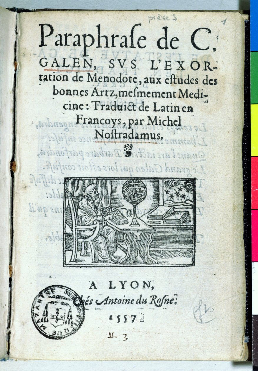由Michel de Nostradame（诺查丹玛斯）（1503-66）1557释放de C. Galien的标题页 作者 法语学校