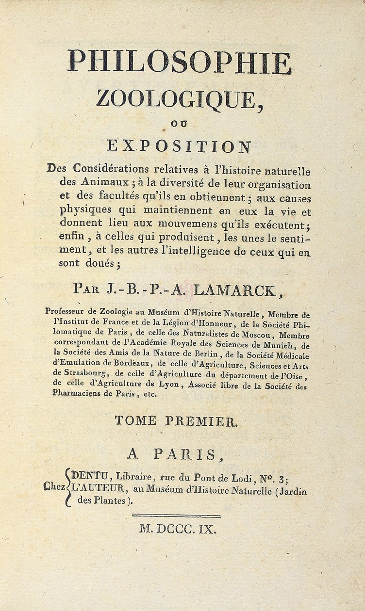 让-巴蒂斯特·拉马克（Jean-Baptiste Lamarck）撰写的《哲学的动物学》（Philosophie Zoologique）的标题页，于1809年在巴黎出版 作者 法语学校