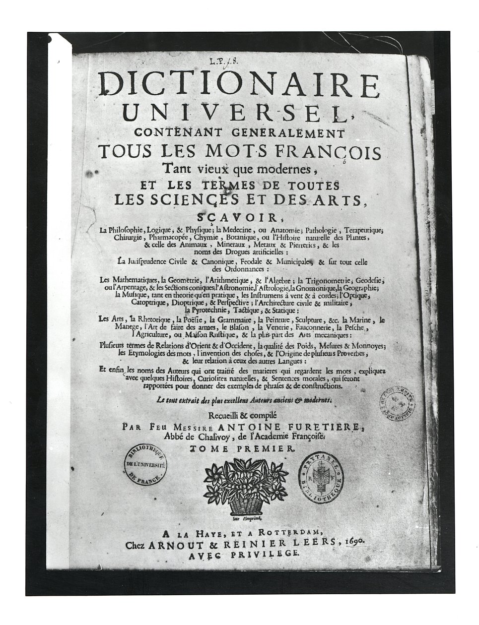 Antoine Furetiere的Dictionnaire Universel标题页（1619-88）1690（打印） 作者 法语学校