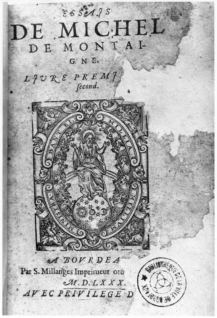 Michel de Montaigne（1533-92）1580年第一版Essais的标题页 作者 法语学校