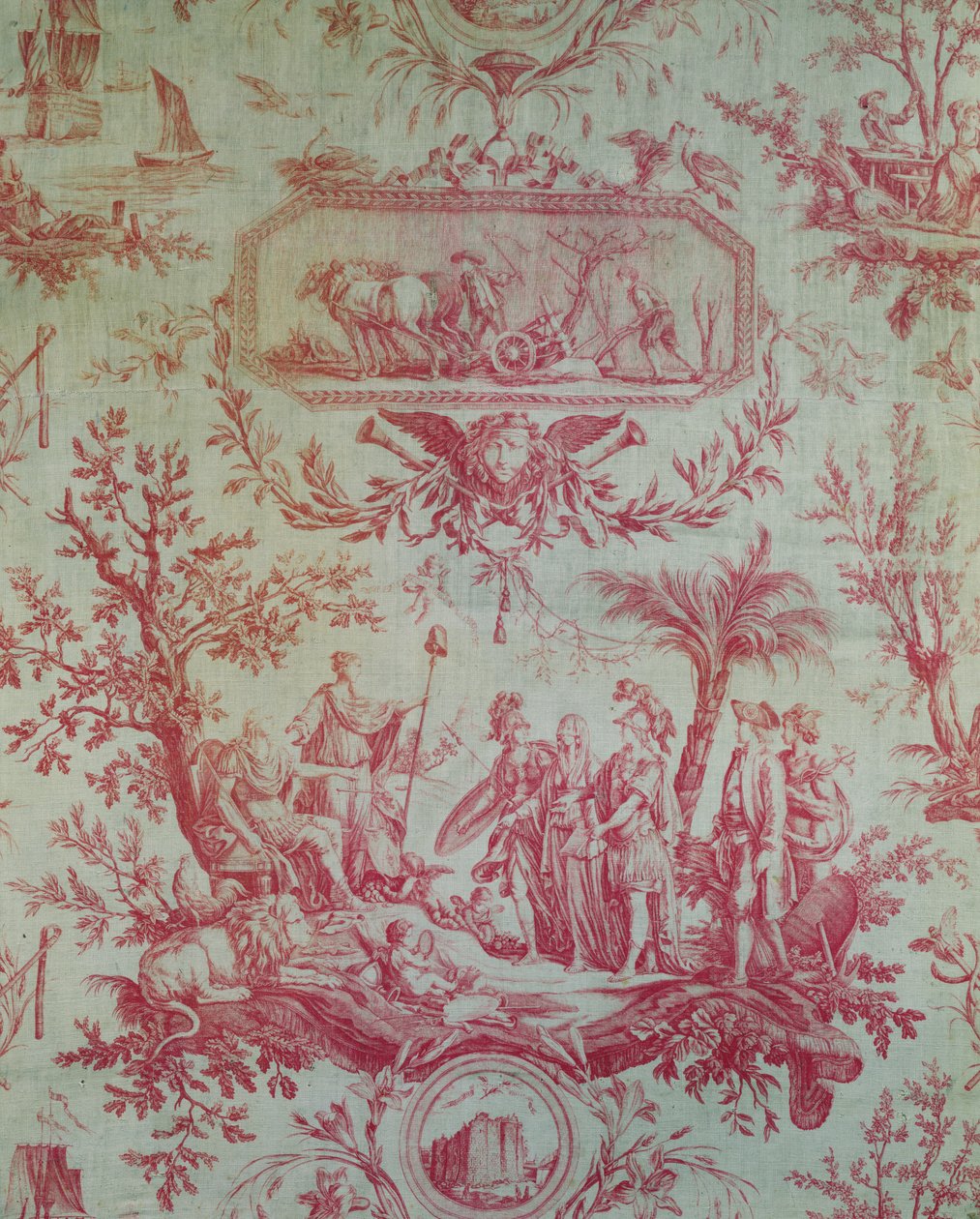 Toile de Jouy（由Jean-Baptiste Huet 1772-1793设计），描绘路易十六（1754-1793）的寓言，法国国王，1790年2月恢复自由（印花棉） 作者 法语学校