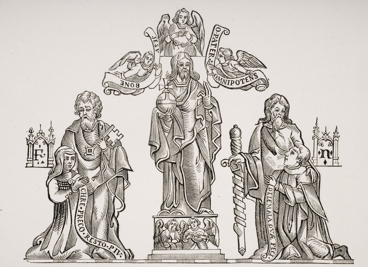 墓地装饰描绘尼古拉斯弗拉梅尔（c.1330-c.1418）和他的妻子佩内尔，在巴黎无辜公墓的装饰后，来自保罗拉克鲁瓦的Le Moyen Age et La Renaissance（1806-84） 作者 法语学校