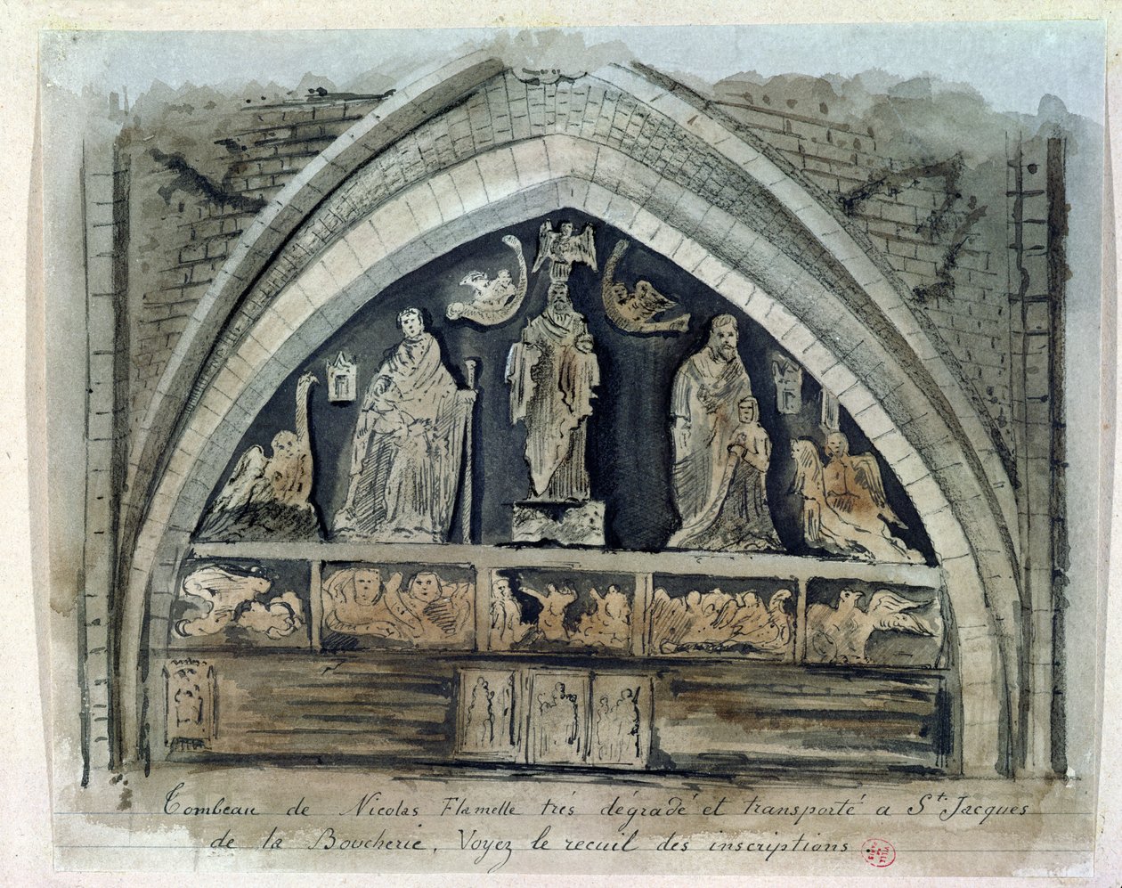 Nicolas Flamel之墓（c.1330-1418）在Cimetiere des Innocents（纸上的wc） 作者 法语学校