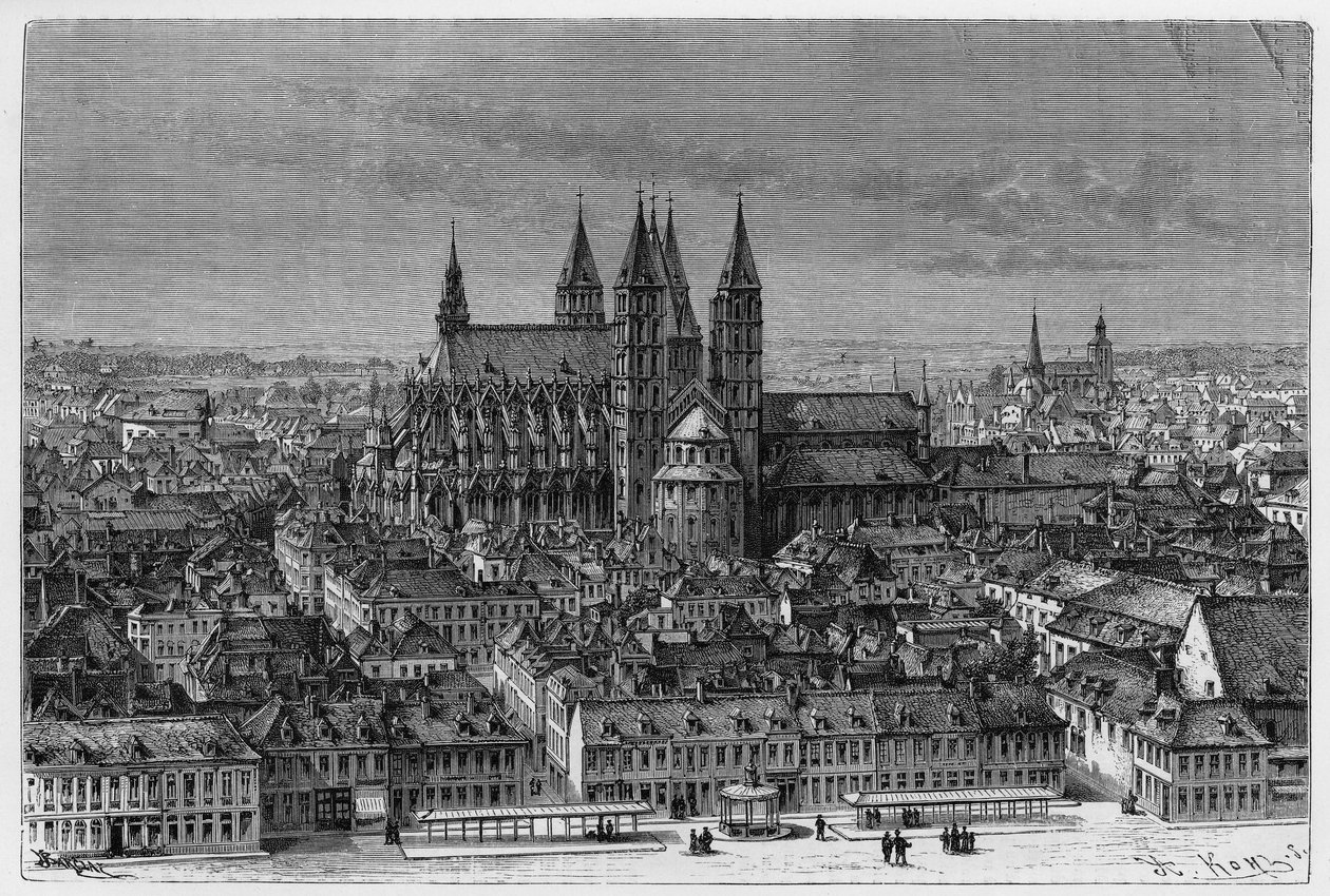 Tournai: exterior view of Notre-Dame (Notre Dame) and panorama of the city. Engraving by Barclay, to illustrate the story “” Belgium””, by Camille Lemonnier (1844-1913) Belgian writer. Published in Le Tour du monde, nouveau journal des voyages, 2nd semeste 作者 法语学校
