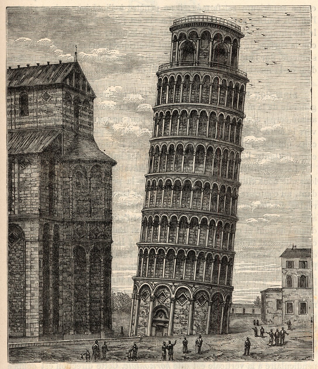 比萨塔 - Torre di Pisa - Tour de Pisa - Alexis Clerc的 "科学带给每个人的炉灶--大众物理学和化学 "中的雕刻 - 19世纪末 - 私人收藏 作者 法语学校