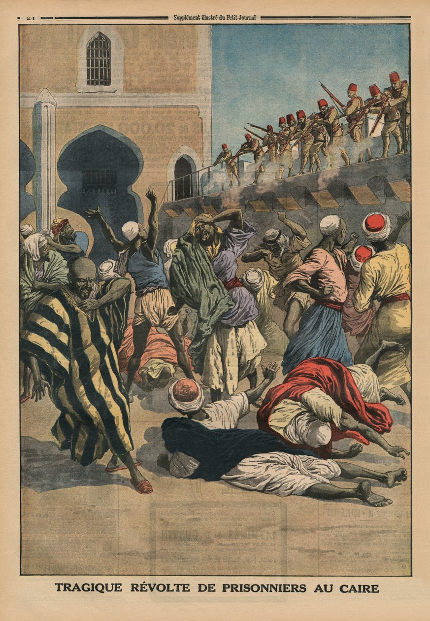 开罗囚犯的悲剧性反抗，“Le Petit Journal”的封底插图，补充说明，1914年1月18日 作者 法语学校