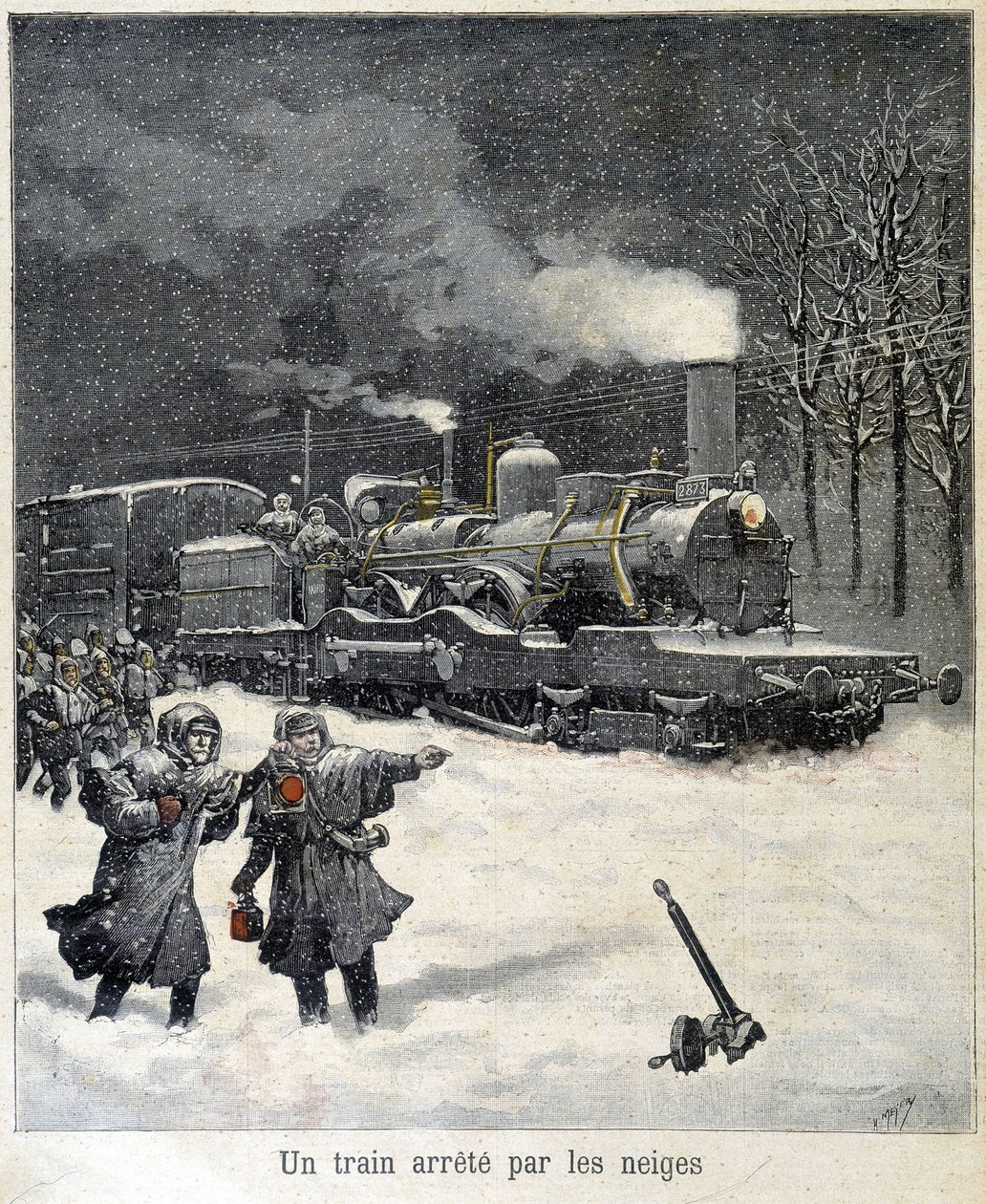 火车因大雪被迫停车。 1892 年 3 月的“Le Petit Parisien”报纸插图。 作者 法语学校