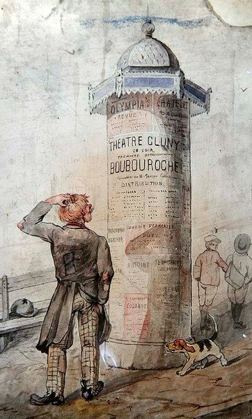 流浪汉看着Courteline的戏剧《Boubouroche》的广告海报（纸上水彩画） 作者 法语学校