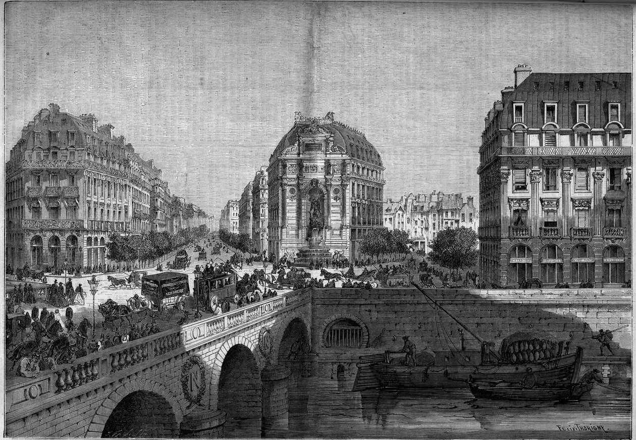 Transformations of Paris under the Second Empire, Haussmann Paris: view of the fountain Saint Michel (1860) on the Boulevard de Sebastopol. Engraving in “” Le Monde Illustré”” n°175 of 18 August 1860. 作者 法语学校