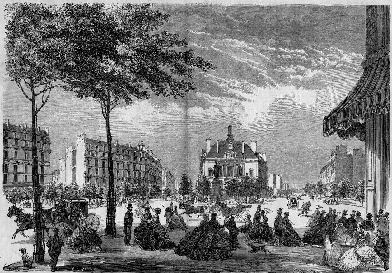Transformations of Paris under the Second Empire, Paris Haussmann: the new town hall of the XI arrondissement in Paris. (You can see Voltaire Boulevard and Parmentier Avenue). Gravity from 1865. 作者 法语学校