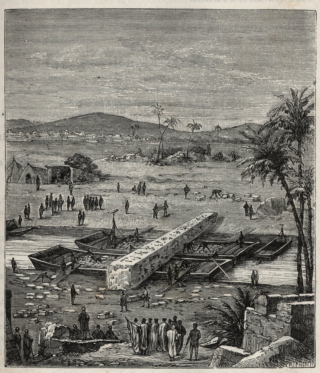 Transport of the obelisk of Ptolemee Philadelph (Ptolemaios Philadelphos) (Ptolemee II) on the Nile to Alexandria - Engraving in “” Sciences available to all - Popular physics and chemistry”” by Alexis Clerc - End 19th century - Private collection 作者 法语学校