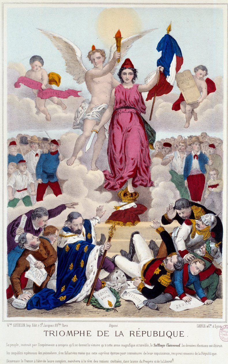 共和国的胜利，1875 年的版画。寓意普选权摧毁了共和国的敌人："[......]但法国躲过了他们的阴谋，在进步和自由的道路上走在文明国家的前列"。 作者 法语学校
