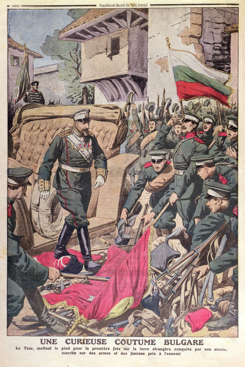 保加利亚的沙皇费迪南德一世（1861-1948）在1912年11月的巴尔干战争期间走过被俘的旗帜 作者 法语学校