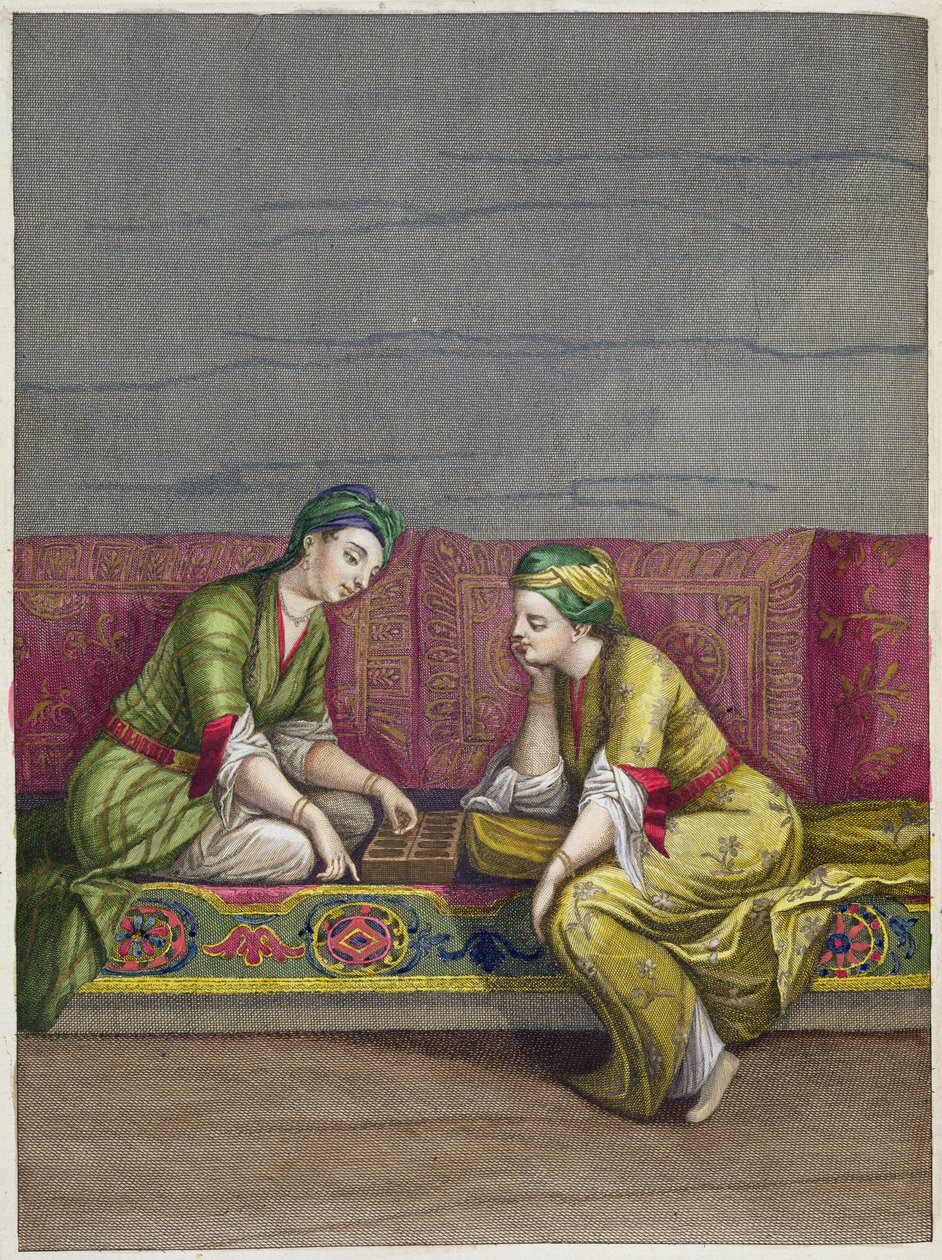 土耳其女孩，玩Mangala，18世纪 作者 法语学校