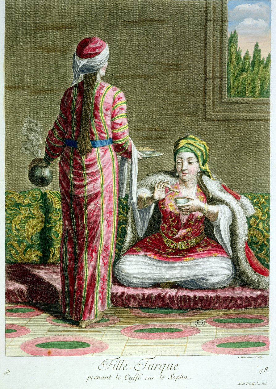 土耳其女孩在沙发上喝咖啡，来自Levant的服装印花，由I. Haussard雕刻，1707-08 作者 法语学校