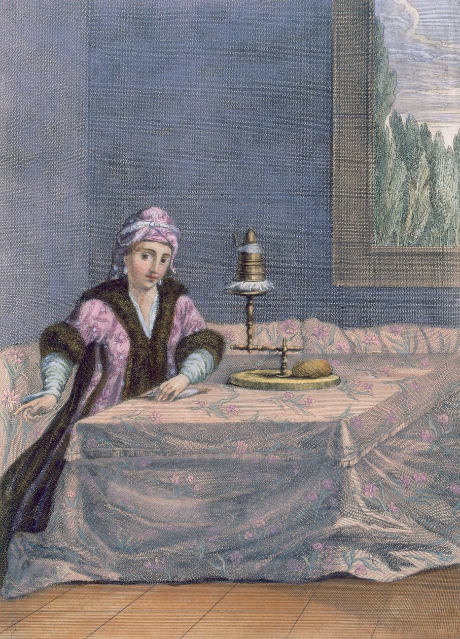 土耳其妇女转动的螺纹，c.1708 作者 法语学校