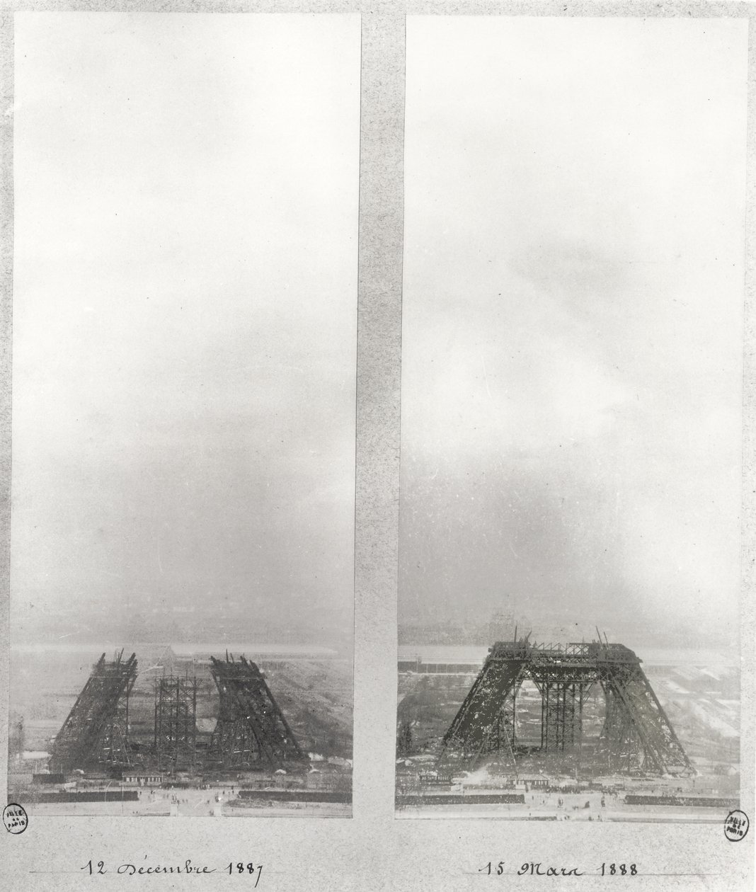 1887年12月12日和1888年3月15日巴黎埃菲尔铁塔建筑的两个视图 作者 法语学校
