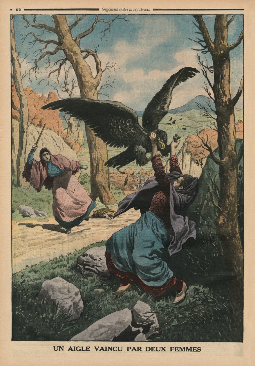 两名女子击败一只老鹰，封面插图来自&39;Le Petit Journal&39;，补充illustre，1914年3月22日 作者 法语学校