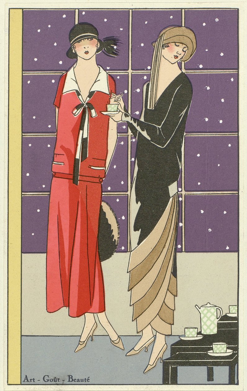 Art-Goût-Beauté酒馆的两名女士喝着茶，穿着Jean Patou和Beer的设计。 1924年 作者 法语学校
