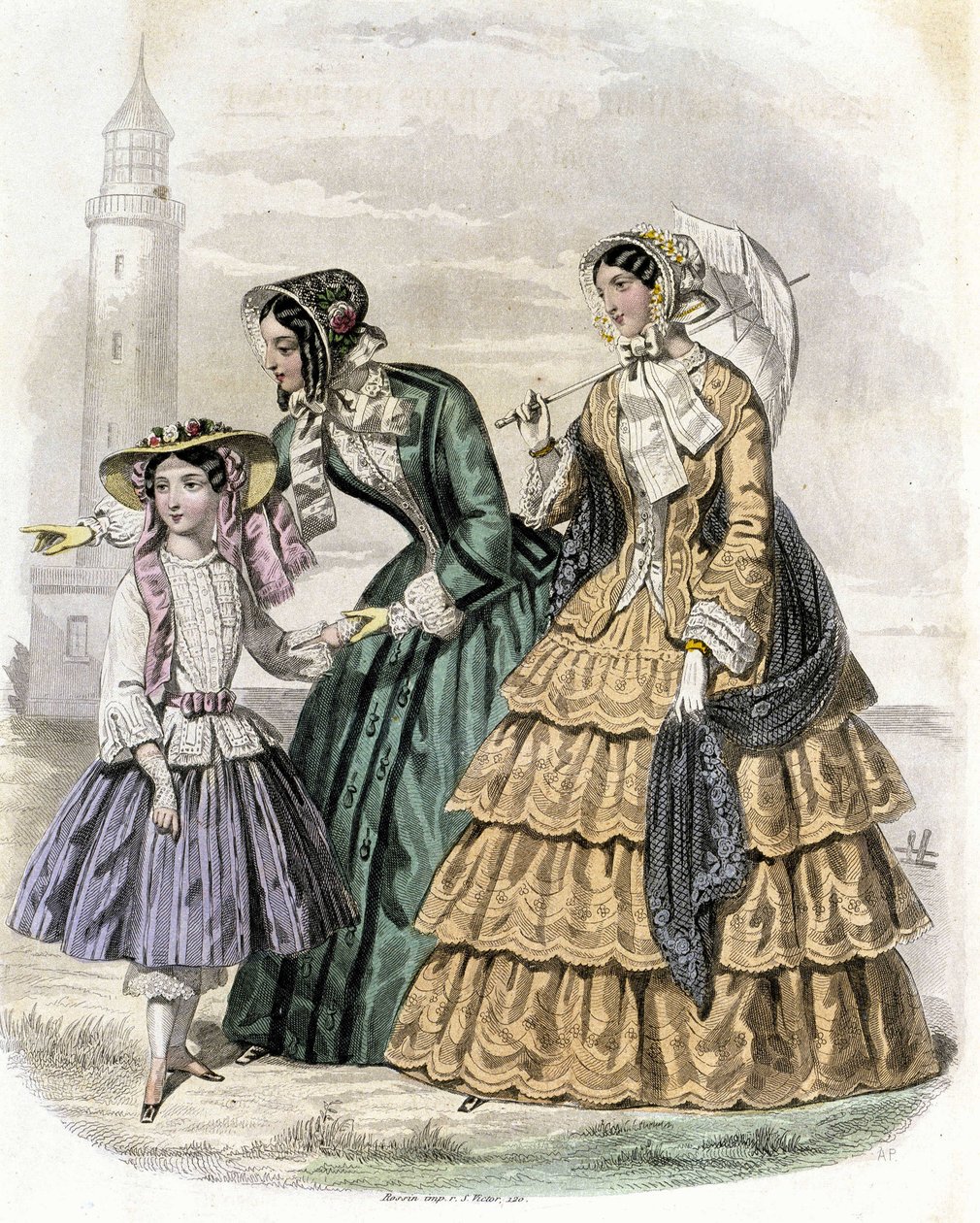 两个女人和一个女孩在乡下 - 在 "Demiselles杂志" 1852。 作者 法语学校