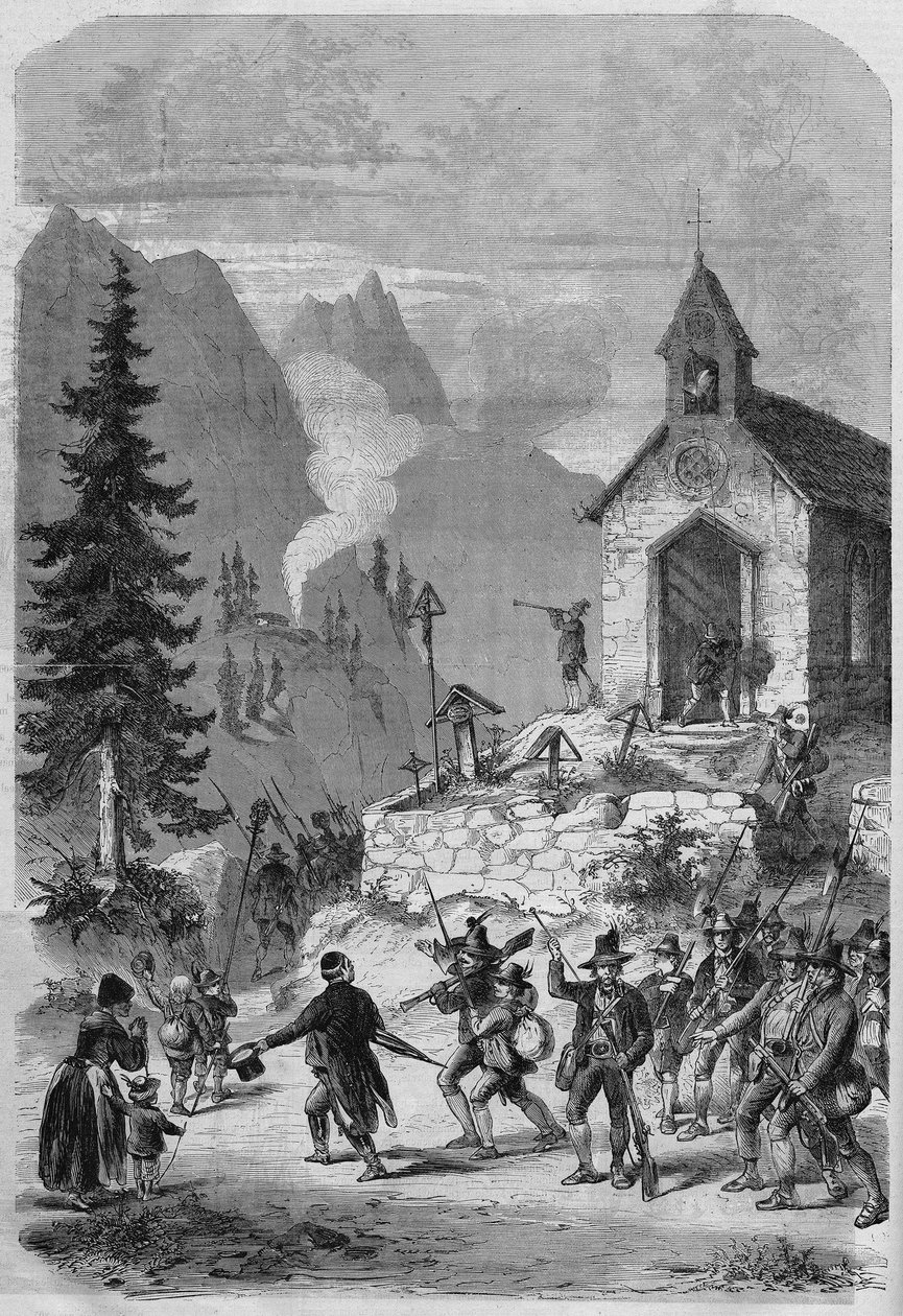 蒂罗尔，1866年10月奥军蒂罗尔部队返回的场景。雕版画 作者 法语学校