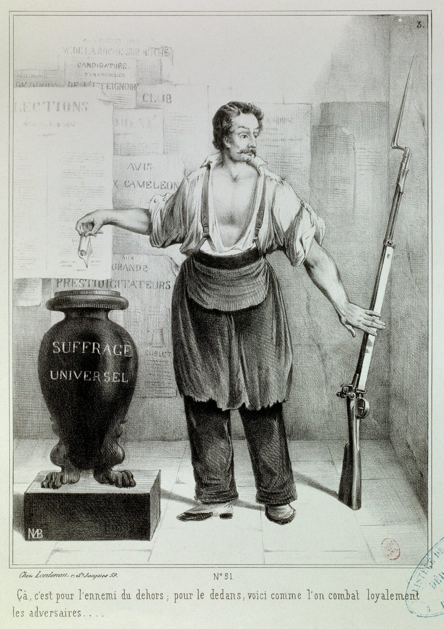 普选 "选票或步枪" 选票必须与敌人而不是步枪作战。M.L. Bosredon的版画，1848年4月。巴黎，卡纳瓦莱博物馆 作者 法语学校