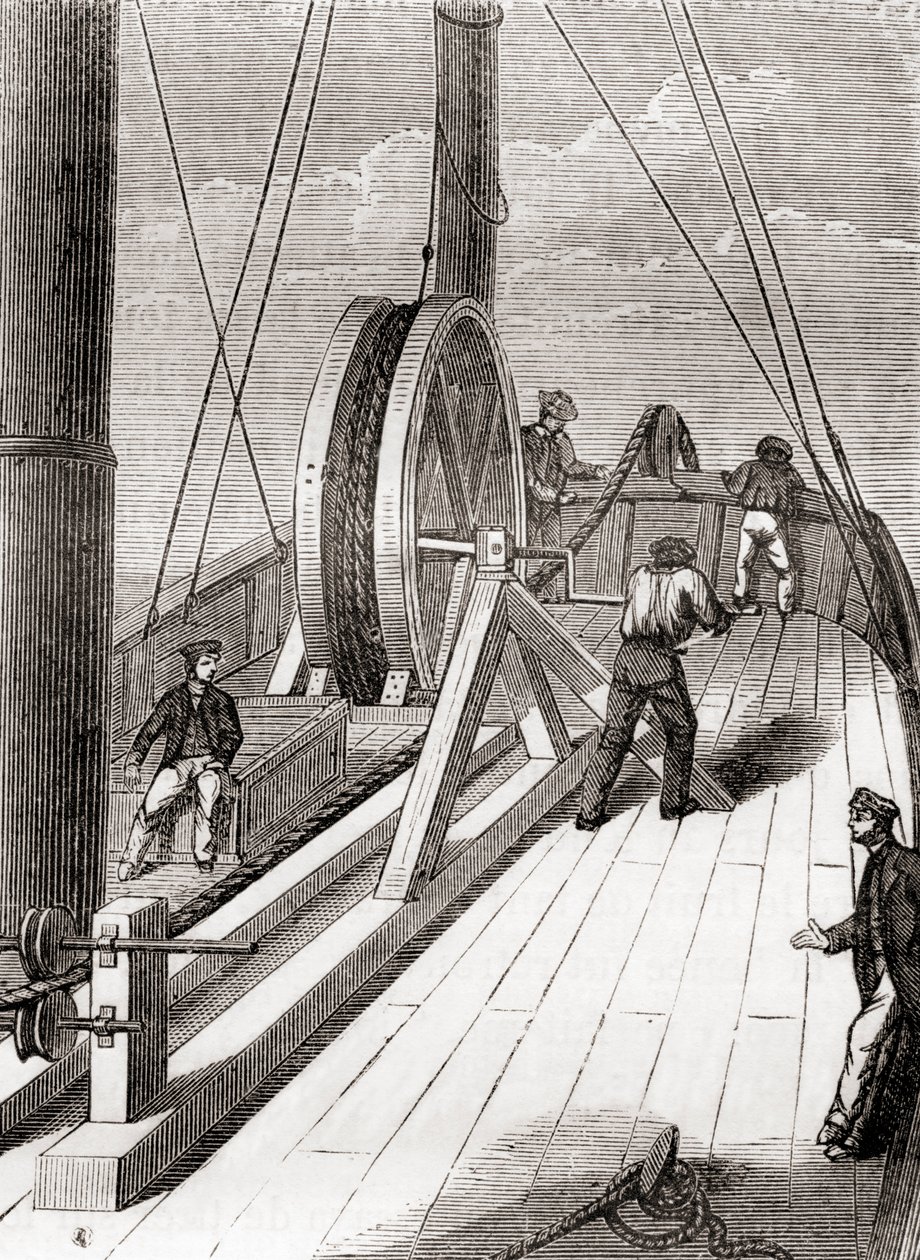 Unwinding the Dover to Calais submarine cable aboard the Blazer, 25 December 1851, from Les Merveilles de la Science, published c.1870 (engraving) 作者 法语学校