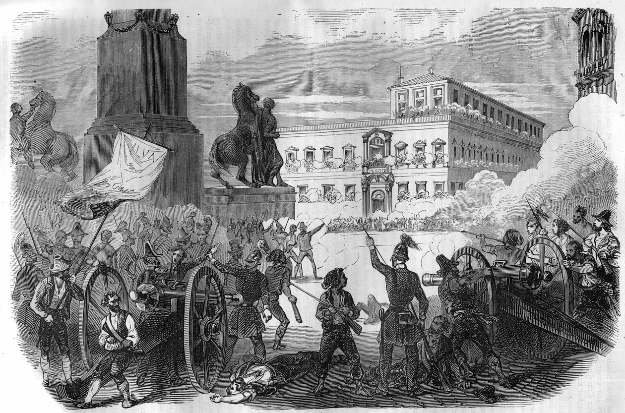 博洛尼亚的起义：推翻了1831年至1846年格雷瓜尔十六世教皇领导的教廷政府。莫里斯-拉夏尔（Maurice Lachatre）著的《历代教皇、皇后和皇帝的历史》中的版画。 作者 法语学校