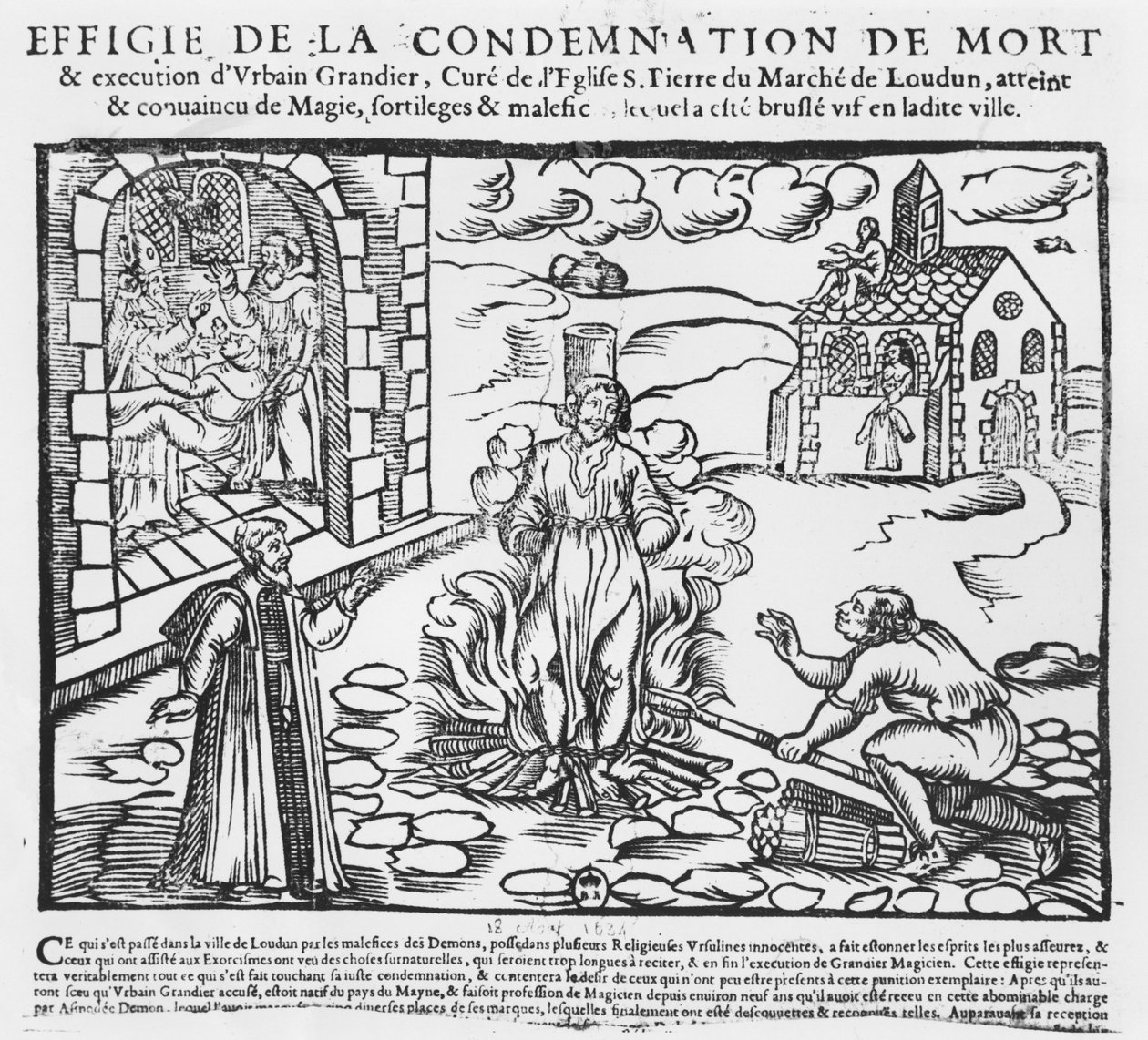 在Loudun占有事件1634（木版画）之后，Urbain Grandier在火刑柱上烧毁 作者 法语学校