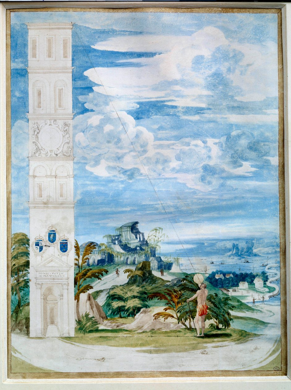 使用星盘，天文仪器：对准太阳。16世纪法国画派的水彩画。尺寸：0.48x0.35米。0.48x0.35米。巴黎，卢浮宫博物馆 作者 法语学校