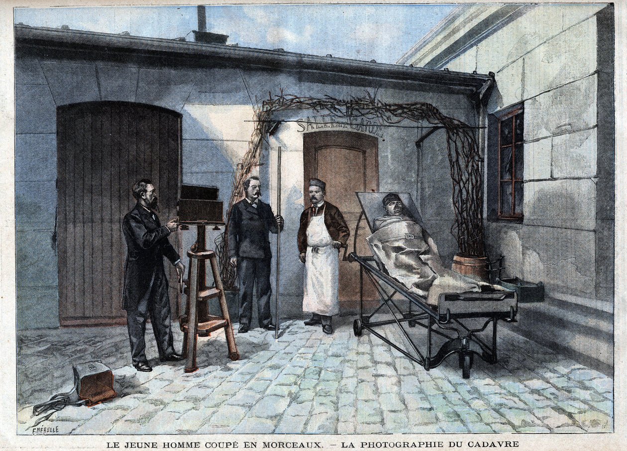 各种事实：法国科学家、人体测量学的创造者阿尔方斯-贝尔蒂隆（Alphonse Bertillon，1853-1914）服务的尸体被切成碎片的照片。- 在 "Le Petitle Parisien "中 作者 法语学校