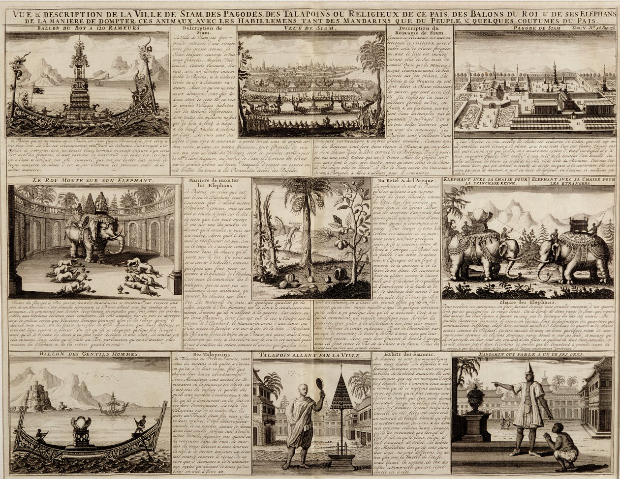 暹罗和大城的各种景观，来自Simon Roy la Loubere的Du Royaume de Siam，于1688年出版 作者 法语学校