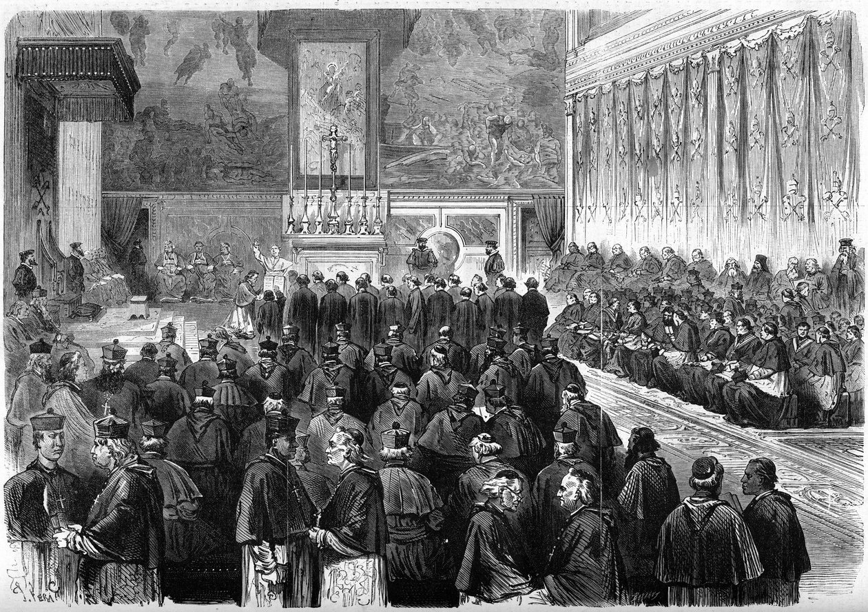 梵蒂冈会议第一届会议（1869-1870）：在罗马西斯廷教堂举行的准会议。教皇庇护九世（1792-1878）接受了大主教和大公会议官员们的宣誓。1869年12月。12月19日《世界画报》第662期上的版画。 作者 法语学校