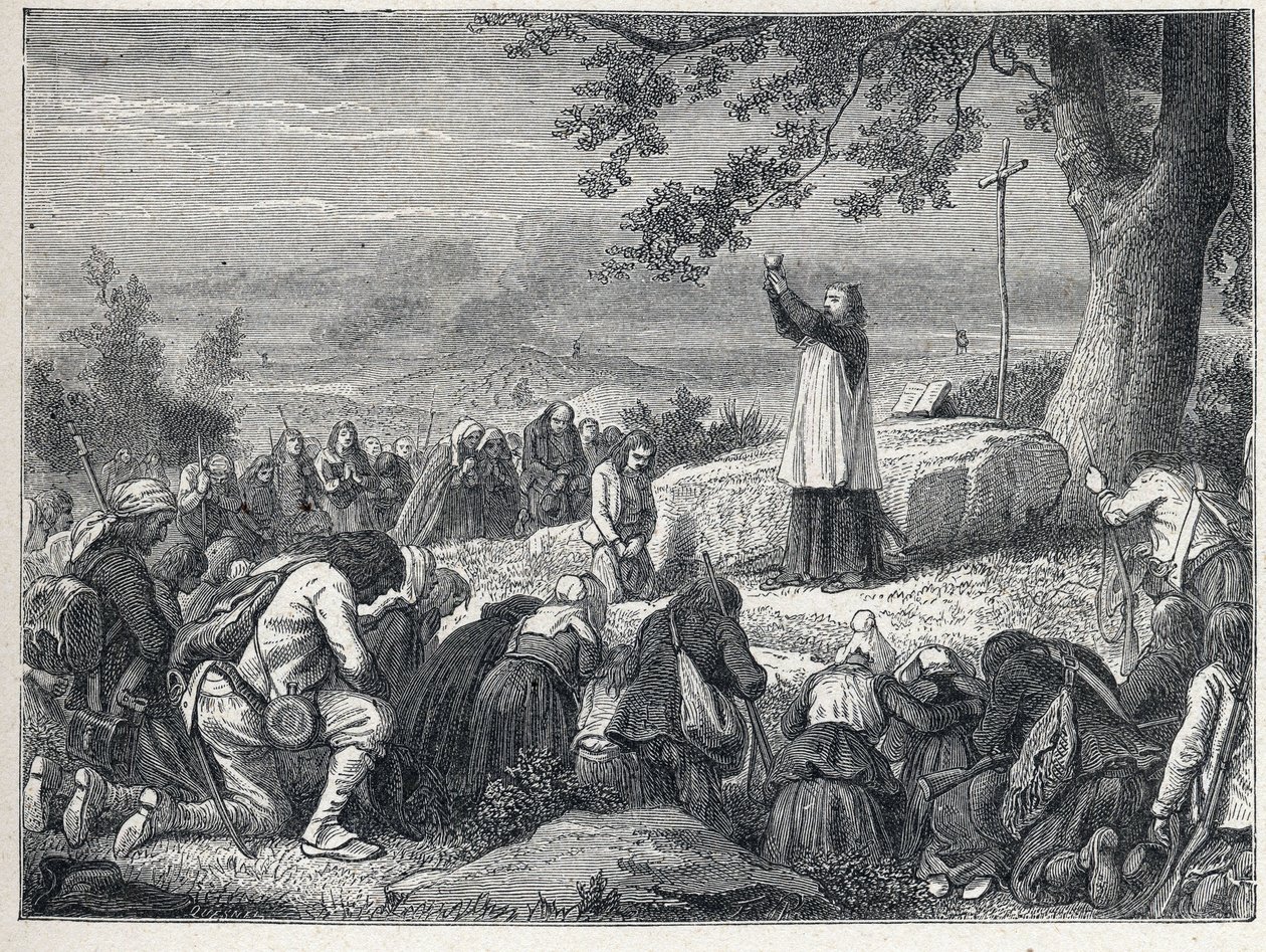 旺地战争（1793-1796）。牧师插入在橡树下为拒绝宣誓的牧师的起义民众庆祝弥撒。1889年的雕版画。私人收藏。 作者 法语学校
