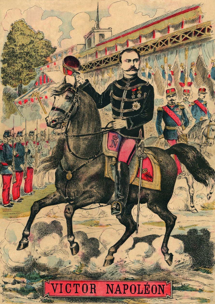 维克多-拿破仑（Victor Napoleon，1862-1926 年）是波拿巴支持者的领袖，拿破仑一世的最后一位继承人在 1886 年第三共和国通过法律后不得不流亡国外。1889 年 3 月 30 日巴黎《费加罗报》副刊上的版画。Coll.Selva. 作者 法语学校