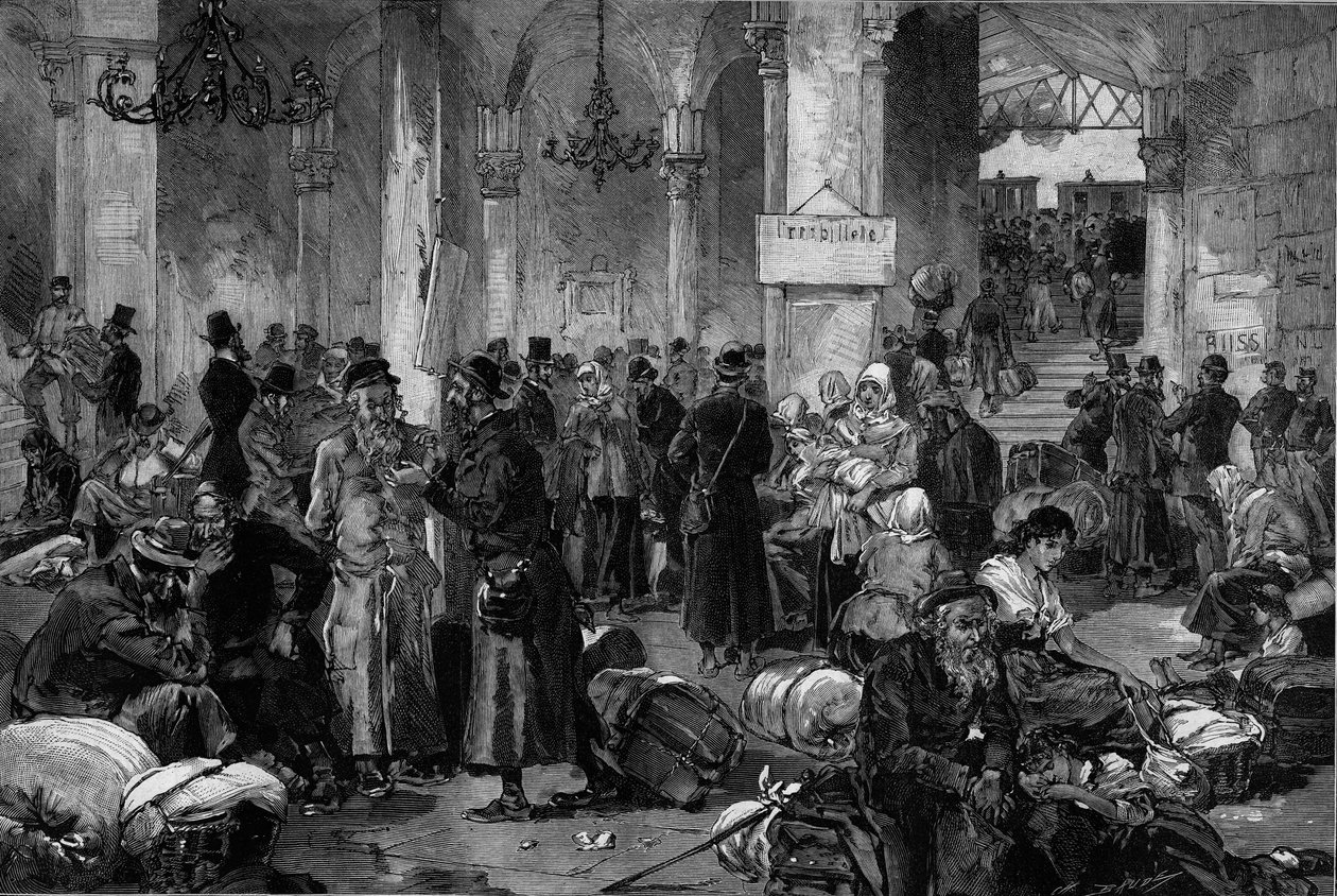 维也纳1882年，北法恩的失落事业厅：在俄罗斯发生的反犹太主义运动被安抚后，流亡的犹太人被遣返，来自 "世界画报"。 作者 法语学校