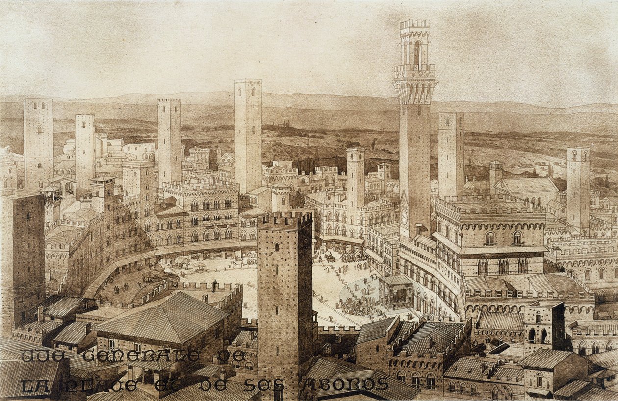 查看横跨锡耶纳，来自中世纪碎片和文艺复兴时期建筑，由Jules Adolphe Chauvet（b.1828）雕刻 作者 法语学校