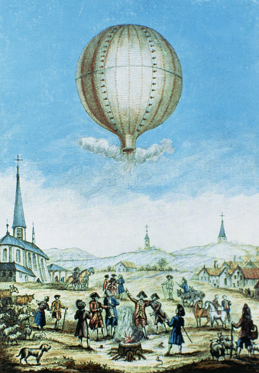Vivarais的Annonay和1783年Montgolfier兄弟热气球的第一次飞行（彩色雕刻） 作者 法语学校