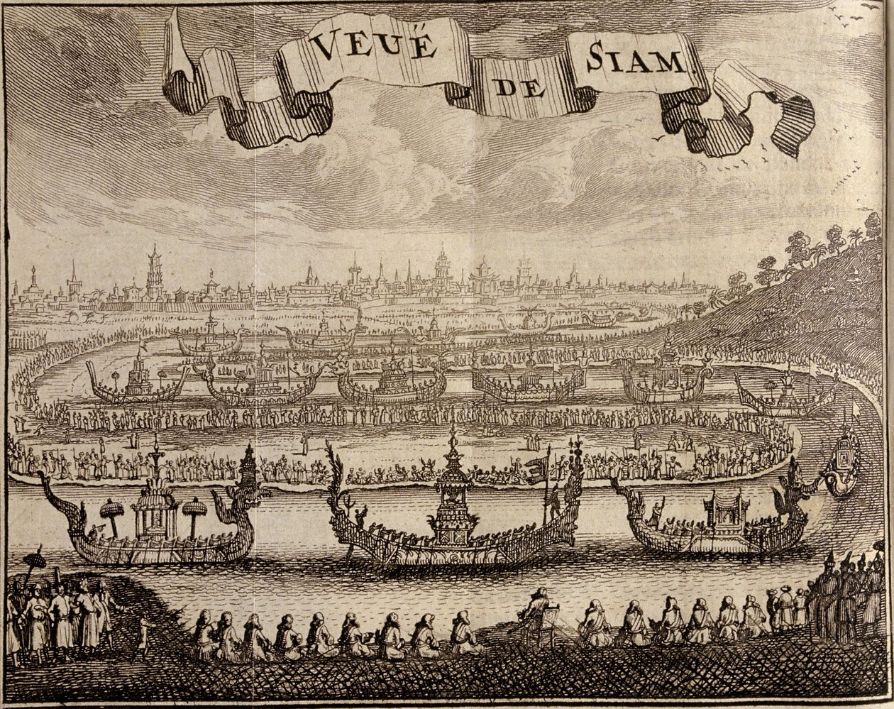 大城府与皇家驳船的视图，来自Voyage du Siam des Peres Jesuites by Guy Tachard，1688 作者 法语学校