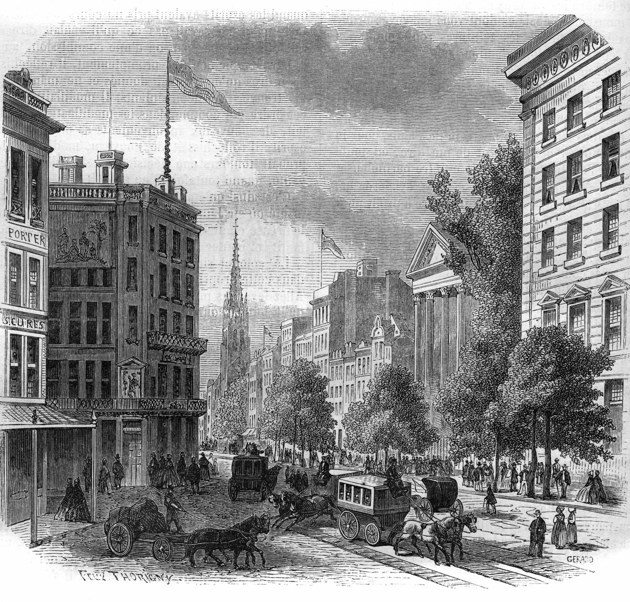 纽约博德威的景色。1862-1863年的版画。 作者 法语学校