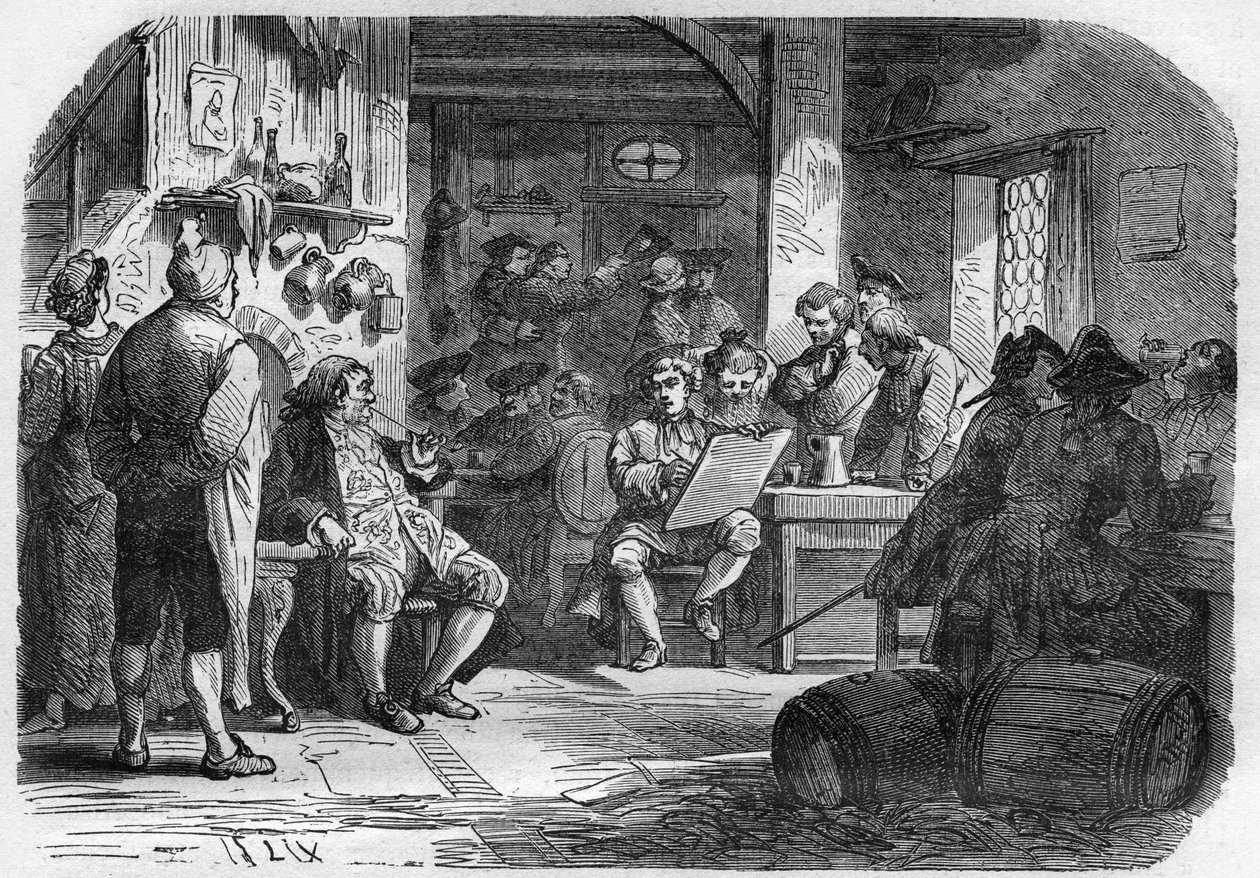 巴黎Cabaret des Porcherons的景色。雕刻在 "世界各国人民从古至今的卖淫和放荡历史 "中，由Th.-F.Debray著。1879. 作者 法语学校