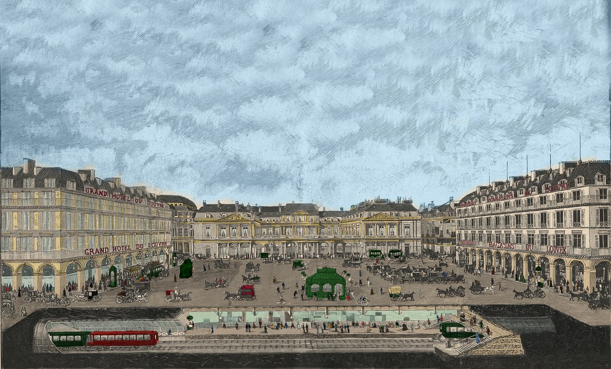 Palais-Royal 和 Rue de Rivoli 的视图以及 1898 年大都会火车站的横截面（彩色蚀刻） 作者 法语学校