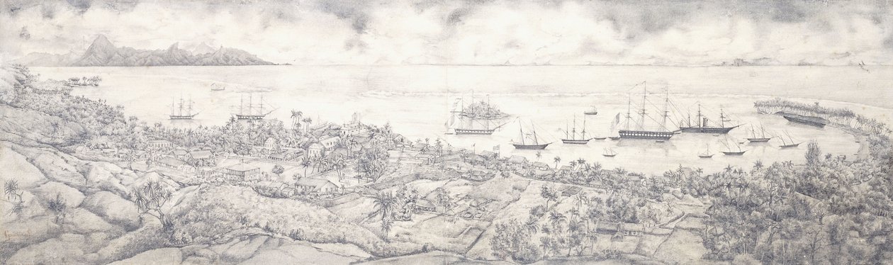 帕皮提，塔希提岛的景色，俯瞰通向莫雷阿岛的海港，十九世纪中叶 作者 法语学校