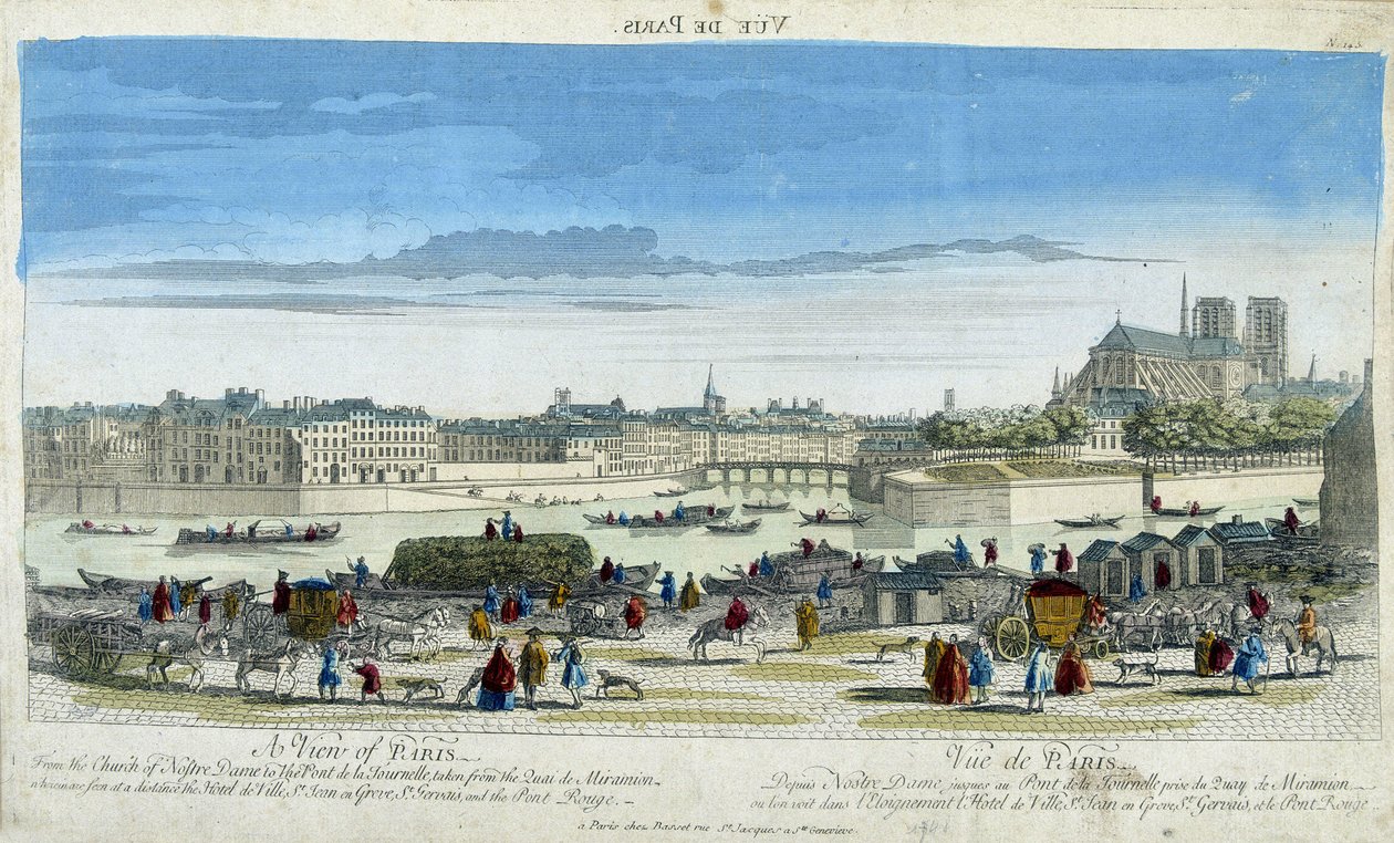 巴黎和巴黎圣母院 (Notre Dame) 的视图，走圣路易斯岛的码头 - 雕刻 作者 法语学校