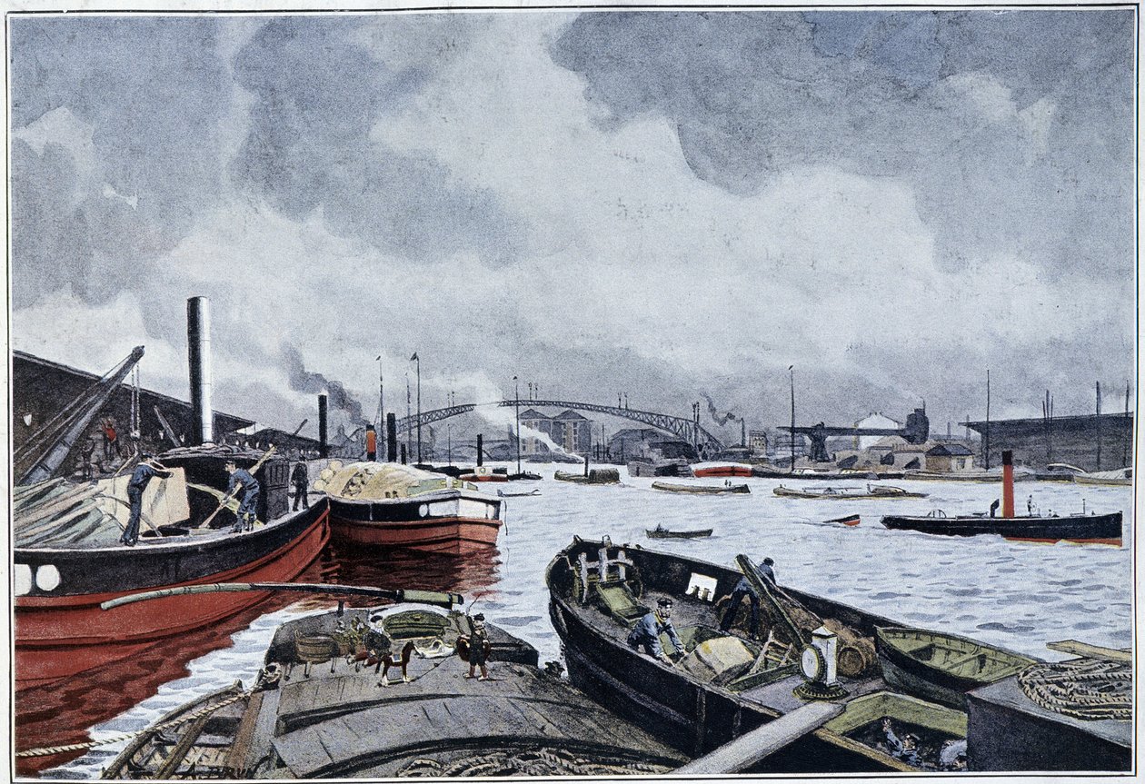 巴黎、塞纳河和维莱特盆地的景色，布伦的水彩画。1889. 作者 法语学校