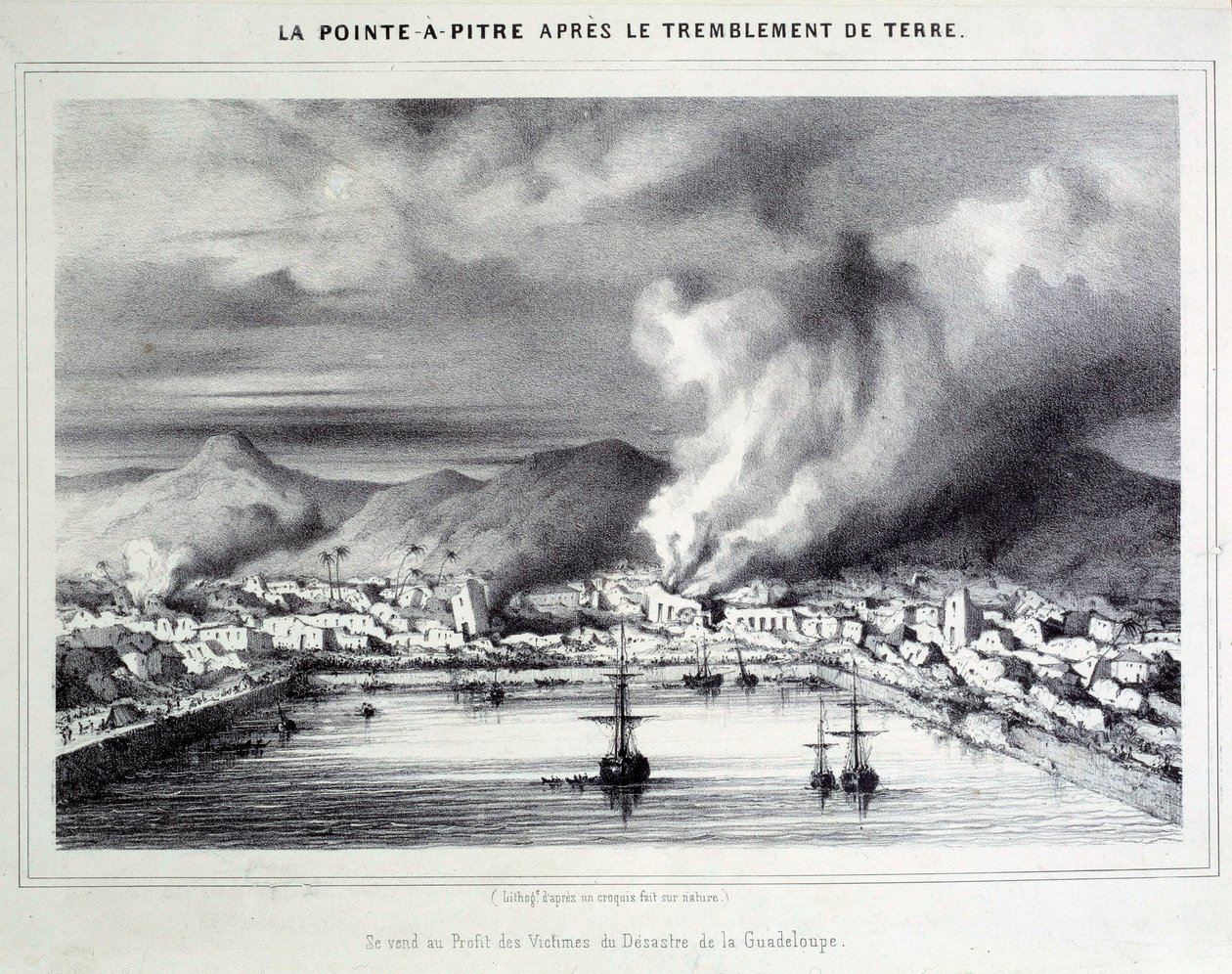 1843年2月8日地震后的皮特尔角（Pointe-a-Pitre）景观。19世纪沙特尔的雕版画，艺术博物馆 作者 法语学校
