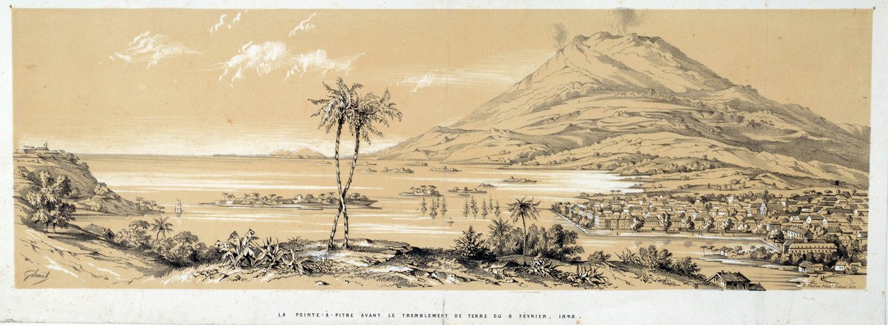地震前的 Pointe a Pitre (Pointe-a-Pitre) 视图。 1843 年雕刻。沙特尔，美术博物馆 作者 法语学校