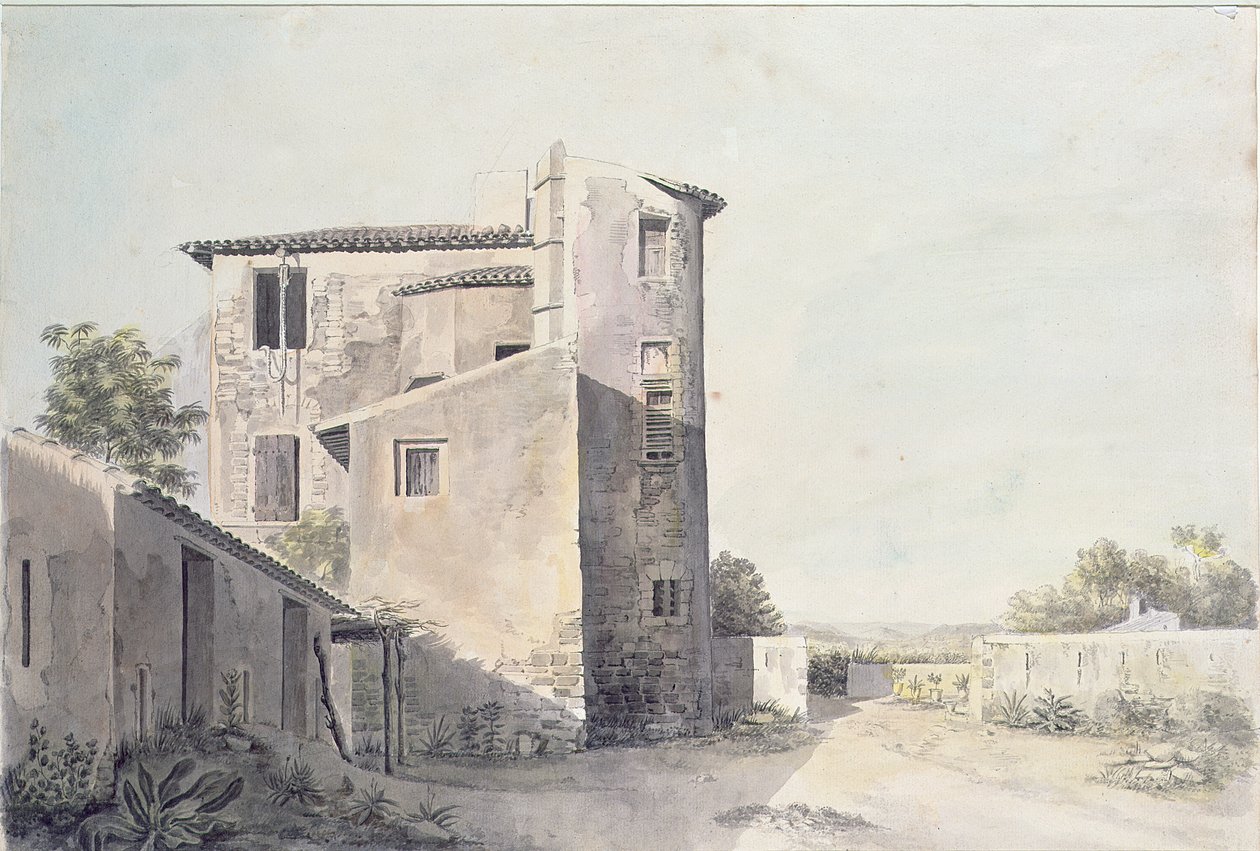 在法国南部的一个村庄的视图，c.1800（纸上的wc） 作者 法语学校