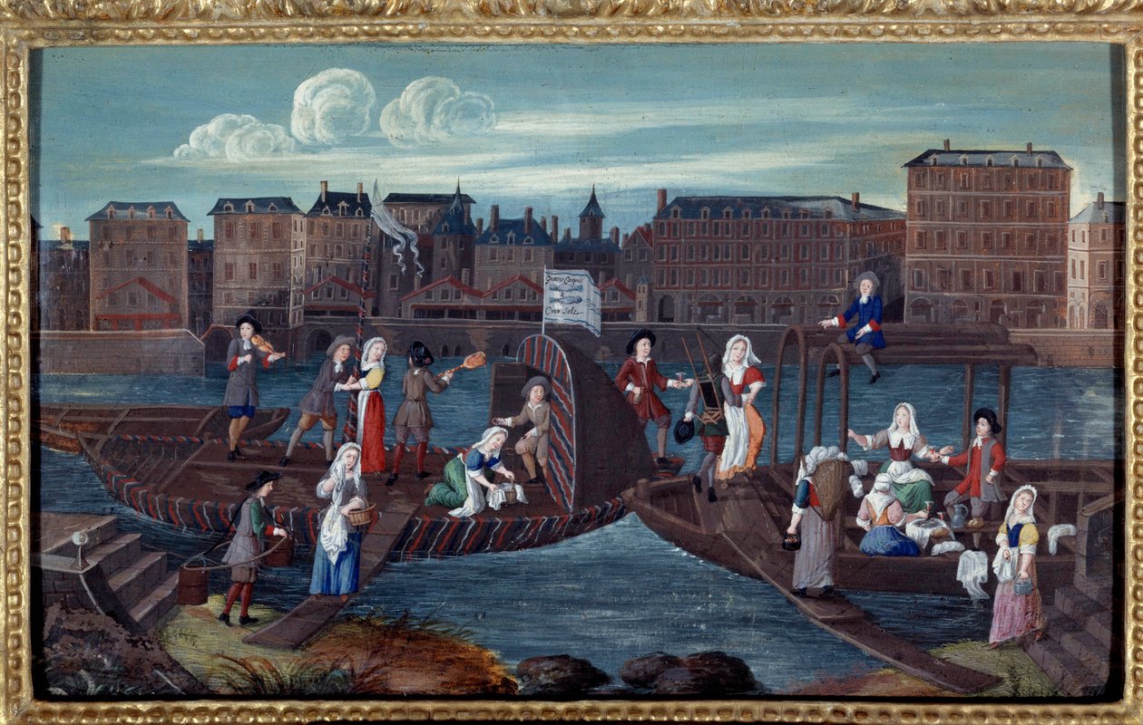 在巴黎的 Quai de la Megisserie 看一条鱼船和粉刷船 法国学校的匿名绘画。 1670. 巴黎，卡纳瓦莱博物馆 作者 法语学校